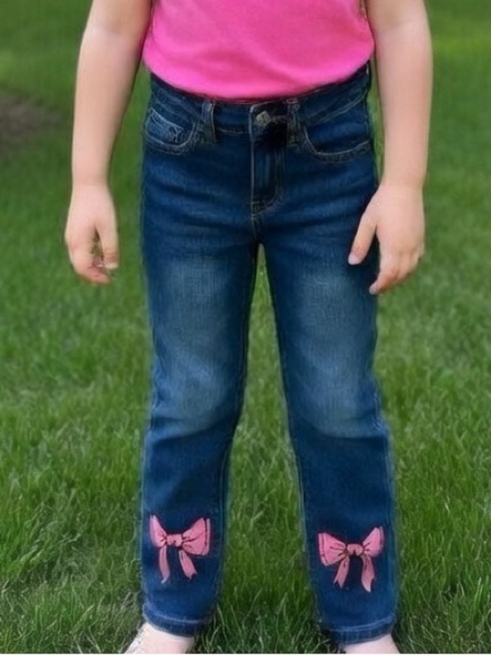 Girls First Blue Denim Jeans with Shiny Pink Bows Print Stretch Size 6